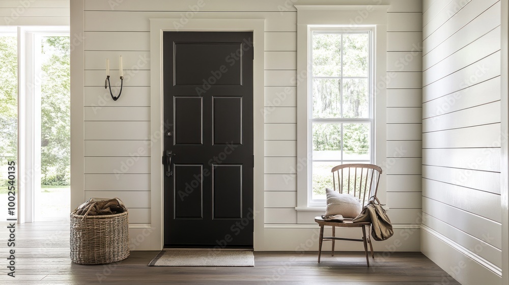 Fototapeta premium White Farmhouse Foyer with Black Door and Wooden Chair