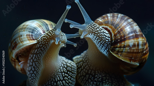 Beautiful wallpaper of a snail in its shell crawling on a tree branch with mountains in the background. photo