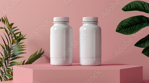 Two white bottles with blank labels on a pink platform with green leaves in the background. photo