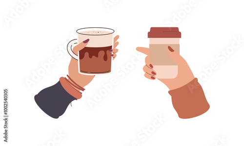 Hands with hot drink cups. Beverages ceramic mugs