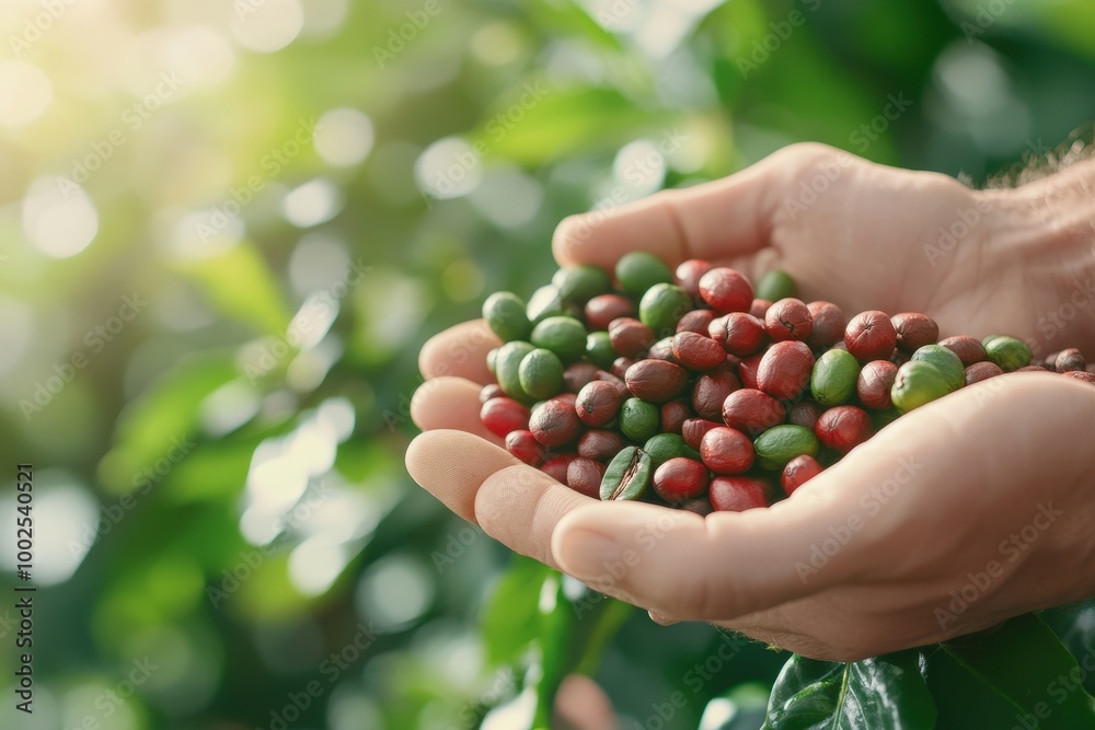 Fresh Coffee Beans Harvested from Lush Green Plant