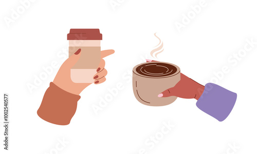 Hands with hot drink cups. Beverages ceramic mugs