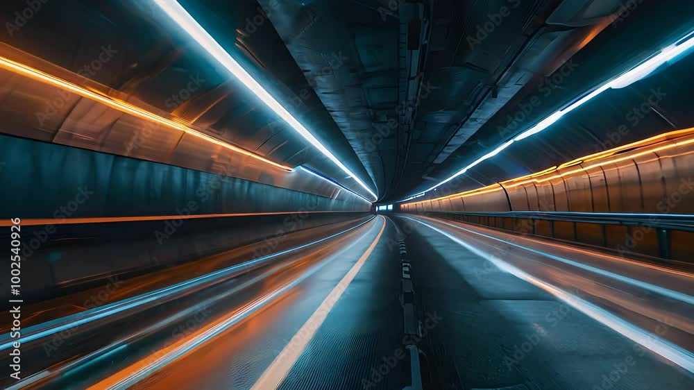 High-Speed Tunnel with Motion Blur and Futuristic Lighting
