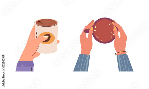 Hands with hot drink cups. Beverages ceramic mugs