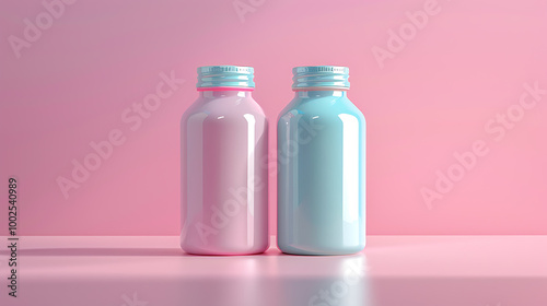 Two bottles, one pink and one blue, stand side by side on a pink background. The bottles have silver lids.