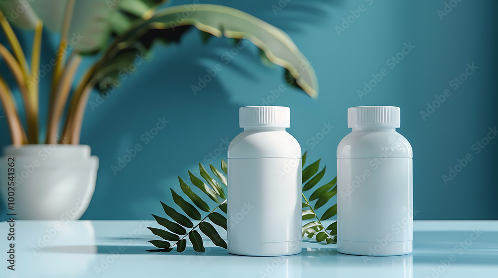 Two white supplement bottles on a blue table with a green plant and leaves in the background. Two white supplement bottles on a blue table with a green plant and leaves in the background.