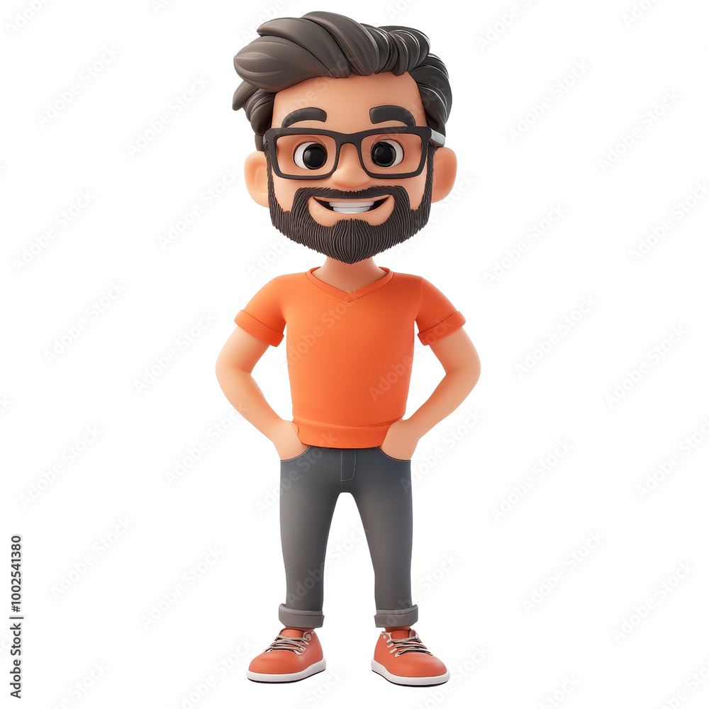 Cheerful cartoon character with glasses and a beard, dressed in an orange shirt, perfect for creative design projects., isolated on a transparent background. Cheerful cartoon character with glasses and a beard, dressed in an orange shirt, perfect for creative design projects., isolated on a transparent background.