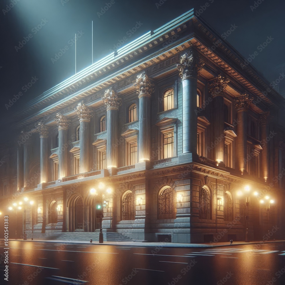Obraz premium An elegant, classic bank building illuminated at night, showcasing grand architecture with tall columns and ornate details. The atmospheric lighting highlights the building's historic and formal