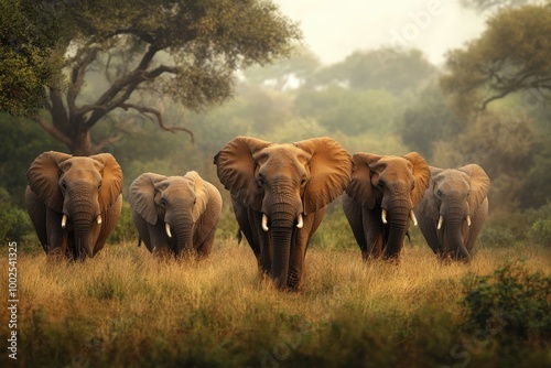 Graceful Elephants Walking in a Serene Landscape