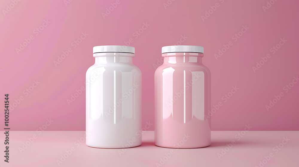 Two blank pill bottles, one white and one pink, on a pink surface. Two blank pill bottles, one white and one pink, on a pink surface.
