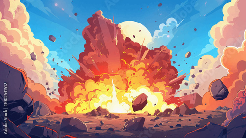 Dramatic Explosion With Bright Flames And Smoke Effects In A Dynamic And Bold Style Bright Colors And Stylized Effects Create An Exciting And Impactful Cartoon Illustration