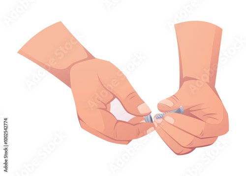 Male hands holding screw and nut. Carpenter worker with working tools. Vector isolated on white cartoon illustration.