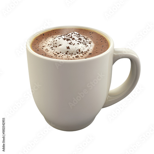 Delicious hot chocolate in a white mug, topped with whipped cream and chocolate shavings, perfect for cozy moments.