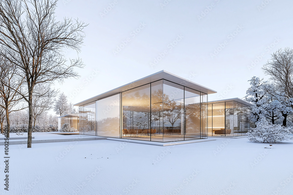3D architectural rendering of modern glass house, interior spaces visible through transparent walls 3D architectural rendering of modern glass house, interior spaces visible through transparent walls