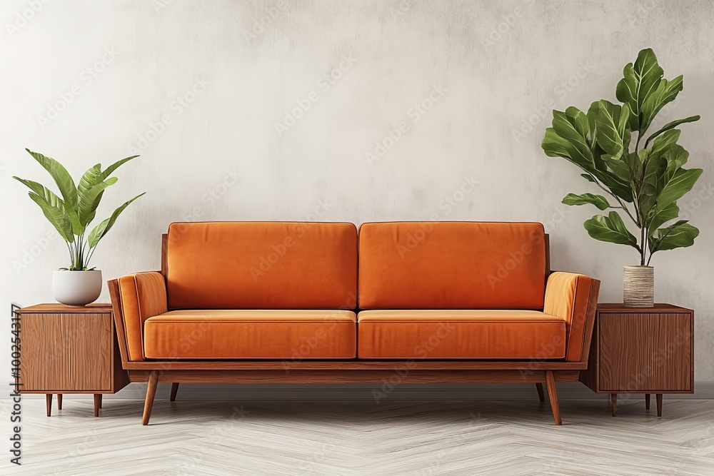 Fototapeta premium Mid-Century Modern Interior with Orange Sofa, Concrete Wall, and Lush Greenery. Home Decor Style.