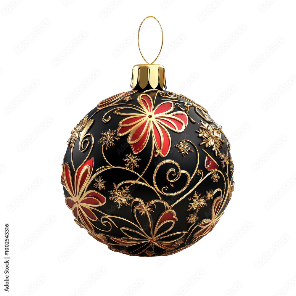 Elegant black Christmas ornament adorned with gold and red floral designs, perfect for festive decor and holiday celebrations., isolated on a transparent background. Elegant black Christmas ornament adorned with gold and red floral designs, perfect for festive decor and holiday celebrations., isolated on a transparent background.