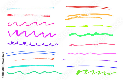 Marker highlight set, brush pen hand drawn color underline. Lines collection isolated on white.