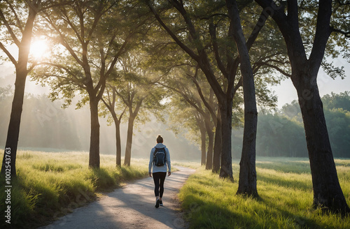 morning walk person strolling through a park, enjoying the fresh air