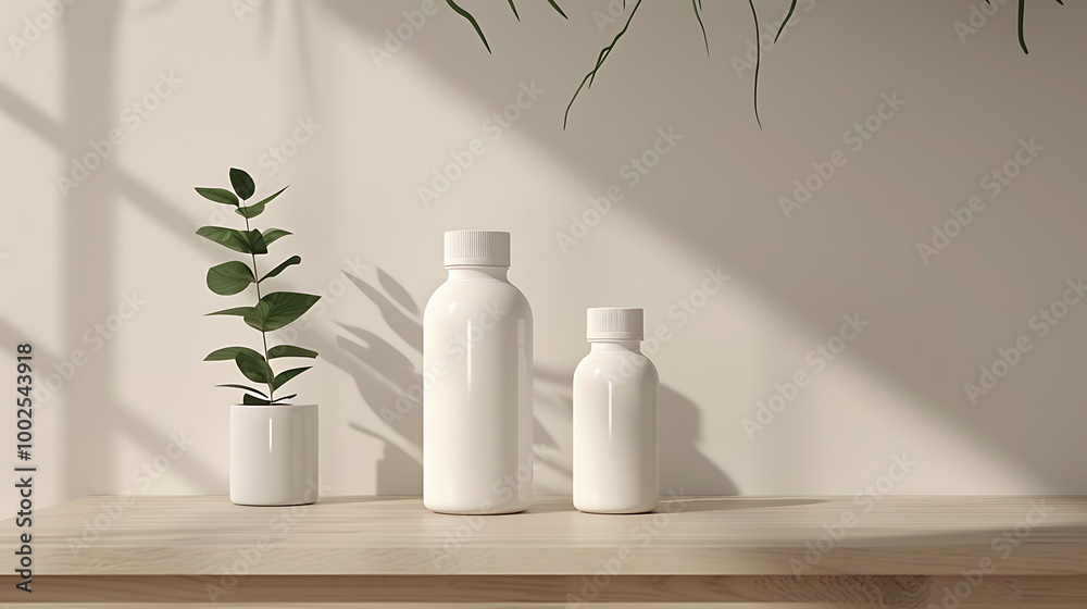 Two white bottles on a wooden table with a sprig of greenery and soft, natural light. Two white bottles on a wooden table with a sprig of greenery and soft, natural light.