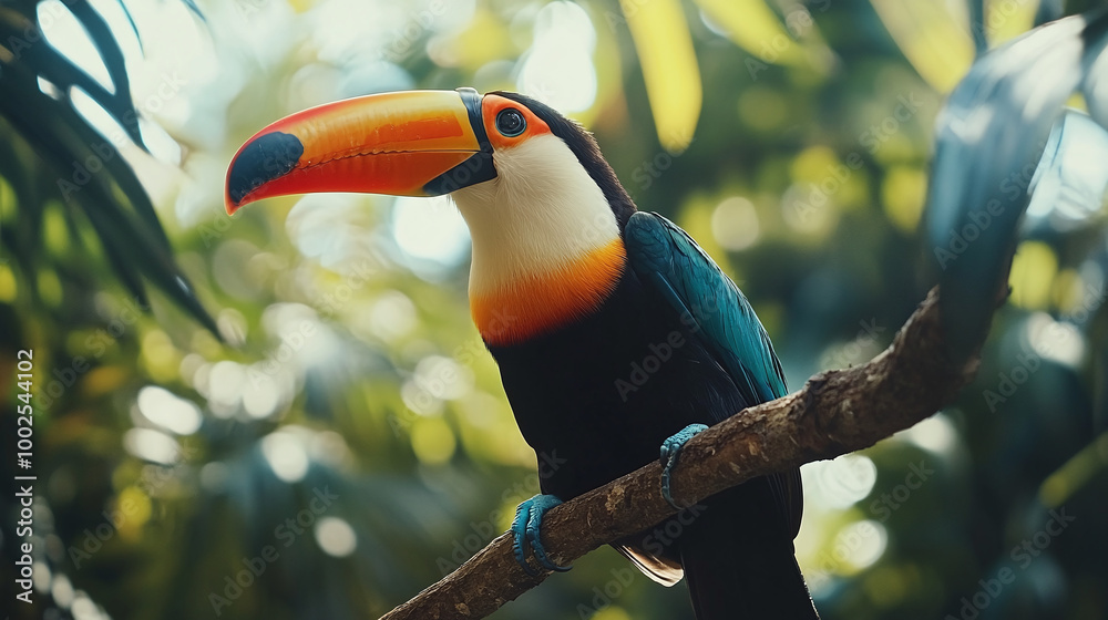 Obraz premium Beautiful toucan on a tree branch in the wild jungle