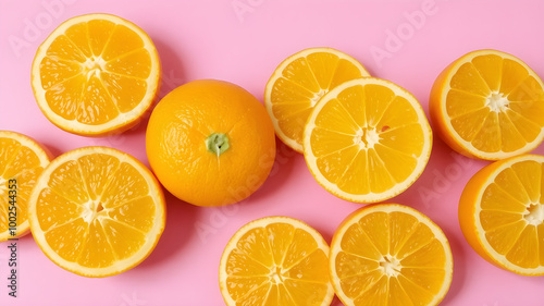 Fresh Oranges and Slices on Pink Background