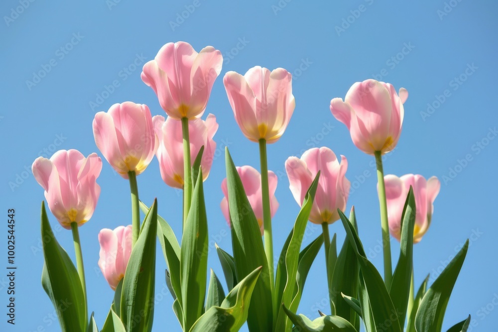 Fototapeta premium Pink Tulips Blooming Against Blue Sky: Vibrant Spring Floral Photography for Nature and Garden Inspiration