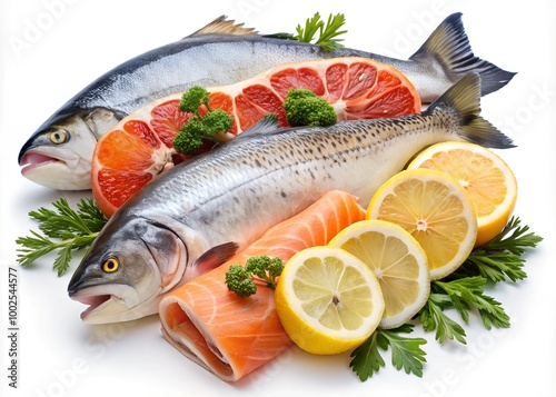 salmon, trout, steak, slice of fresh raw fish, isolated on white background, clipping path, full depth of field