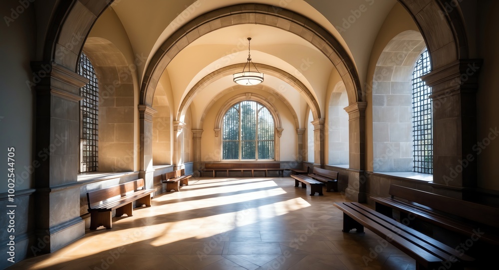 Obraz premium Sunlit courtroom hallway with stone arches and empty benches creating a somber professional atmosphere