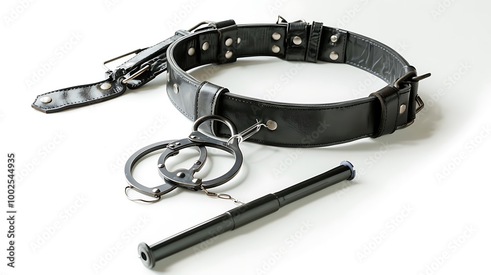 A police duty belt with handcuffs and a baton, isolated on a white surface. A police duty belt with handcuffs and a baton, isolated on a white surface.
