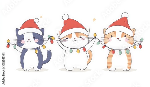 Three cats are holding Christmas lights and wearing Santa hats