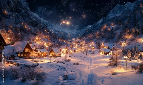 Snowy village with glowing streetlights under a starry sky, with the snow-covered ground and buildings illuminated by the warm lights. . Video