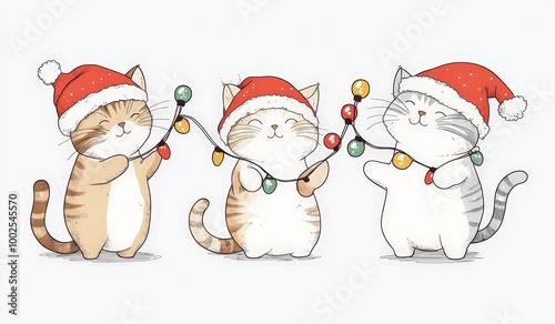 Three cats are holding Christmas lights in their mouths