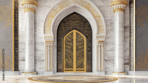 Alexandria, Egypt, June 16, 2022, Kaaba door vector illustration design two shape style gold and white - decorated with various verses of the Holy Quran photo