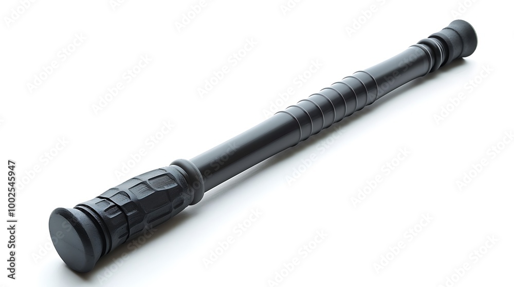Obraz premium A police baton with a textured grip, lying on a white background.