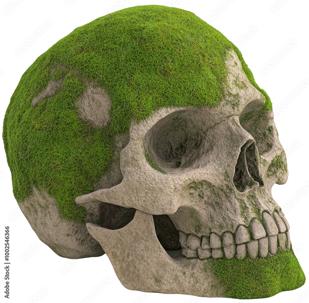 Skull covered with green moss, isolated on transparent background. cut out. PNG Skull covered with green moss, isolated on transparent background. cut out. PNG