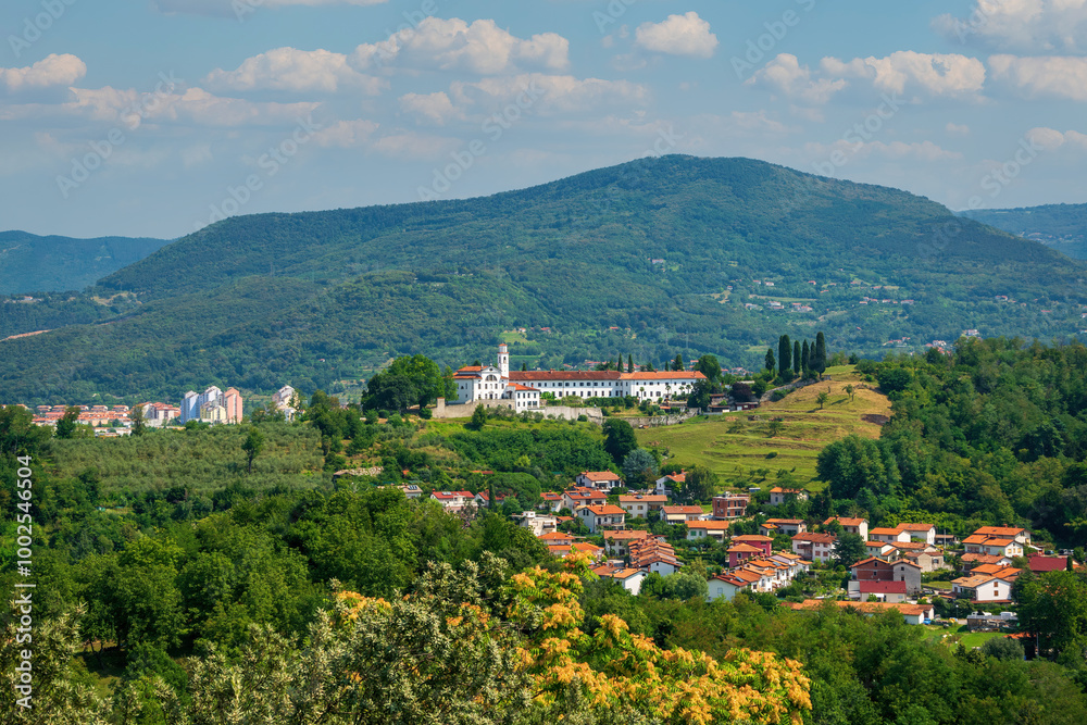 Obraz premium Aerial view of slovenian side from Gorizia medieval castle, Italy. Kostanjevica Monastery and Nova Gorica Town, Slovenia. Crypt of Kostanjevica Monastery is burial place of Charles X of France
