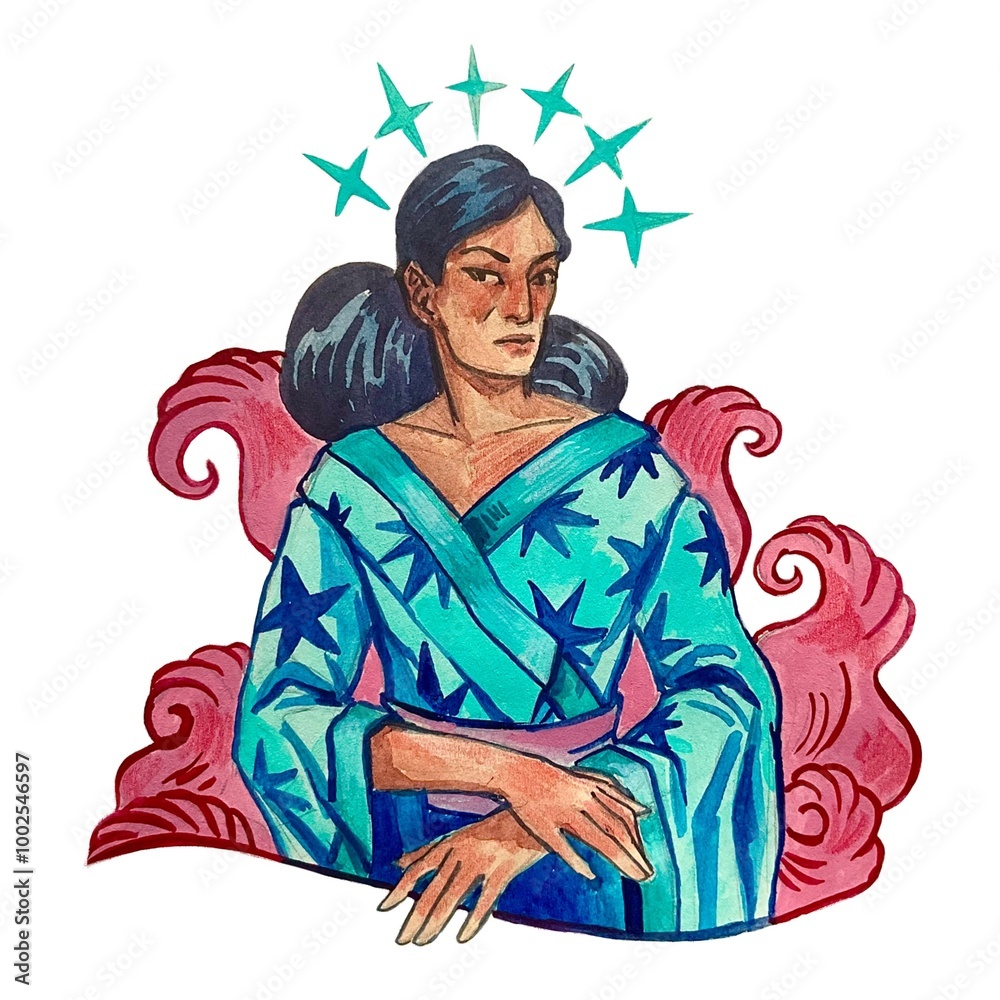 Fototapeta premium lady in blue character icon water colors