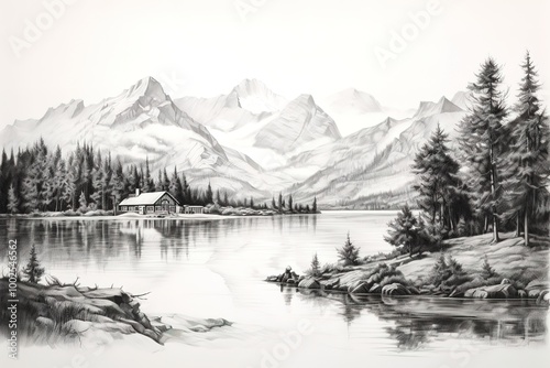 Alpine resort hand drawing. Mountains in the background and a river surrounding the property
