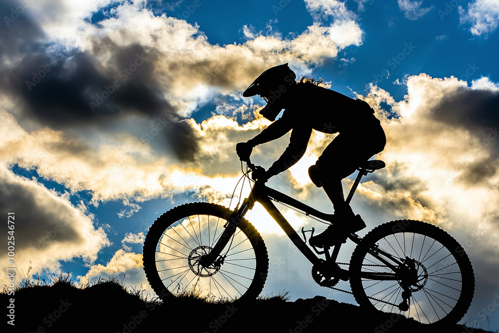 silhouette of cyclist against dramatic cloudy sky, sun peeking through silhouette of cyclist against dramatic cloudy sky, sun peeking through