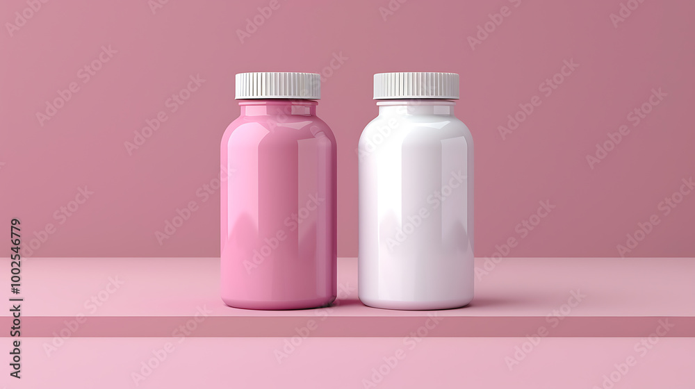 Two bottles, one pink and one white, sit on a pink shelf. The bottles are perfect for showcasing your product.