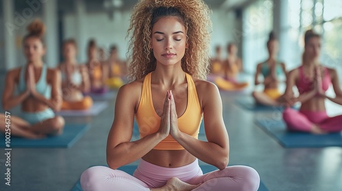group of women in a gym practicing yoga, strengthening their bodies, improving flexibility, and enhancing mental wellness through poses, relaxation, and mindful breathing