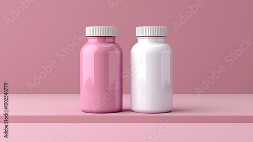 Two bottles, one pink and one white, sit on a pink shelf. The bottles are perfect for showcasing your product.