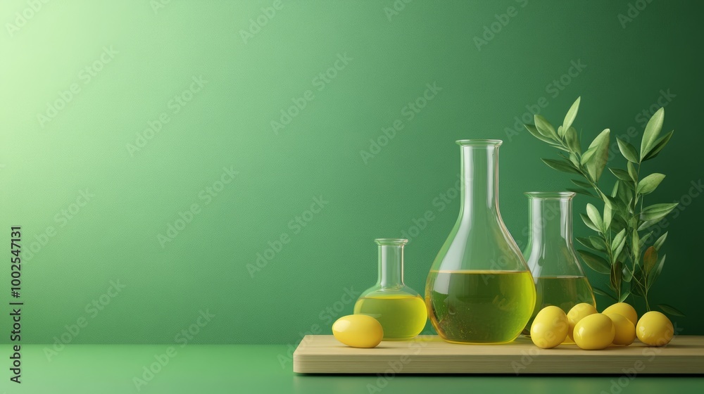 An empty podium displayed on green background with lab glassware containing fresh olive and olive oil. Space for presentation product with ingredient from olive An empty podium displayed on green background with lab glassware containing fresh olive and olive oil. Space for presentation product with ingredient from olive