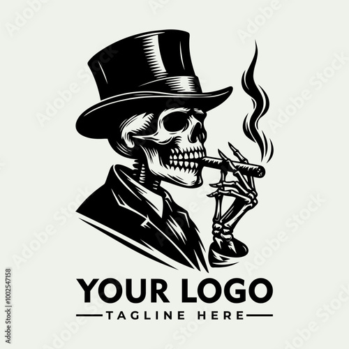 Skeleton smoking cigar, wearing top hat and bowtie vector logo Skeleton in top hat and bowtie smoking cigar perfect for Halloween promotions, spooky designs, or vintagethemed projects needing a touch