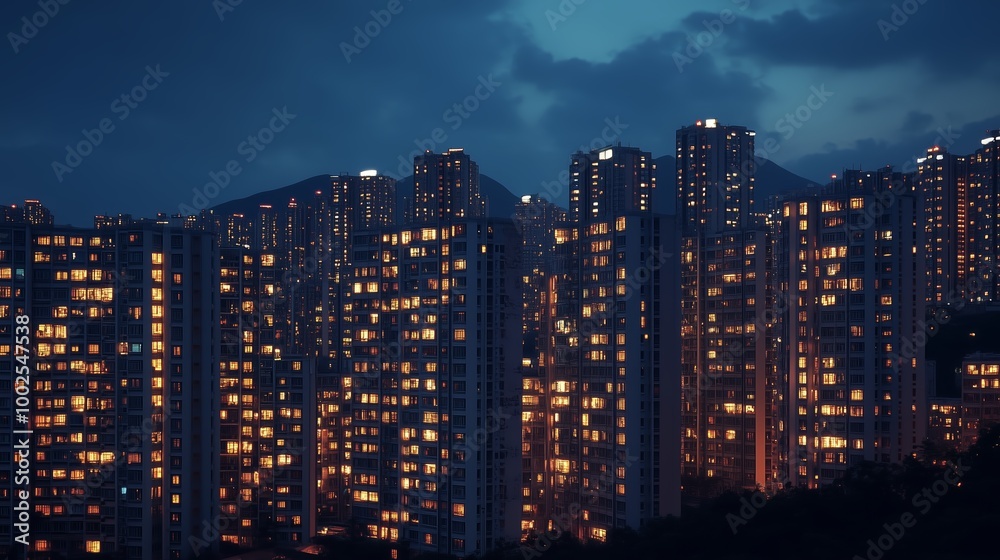 Obraz premium A bustling urban skyline at twilight with illuminated high-rise buildings and a backdrop of distant mountains