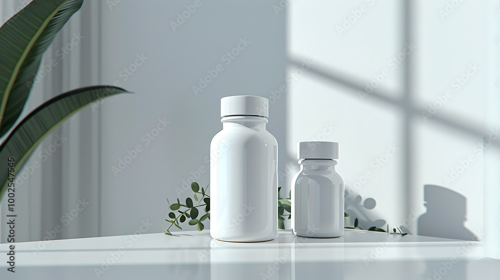 Two white bottles with a minimalist design sit on a table, creating a clean and modern aesthetic. Two white bottles with a minimalist design sit on a table, creating a clean and modern aesthetic.