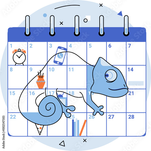Adaptability. A blue chameleon is walking on a calendar indicating flexibility in planning. Ideal for time management, adaptability, scheduling, productivity, and organization. Clean, modern