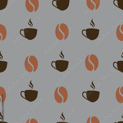 A repeating pattern featuring coffee cups and coffee beans on a gray background.