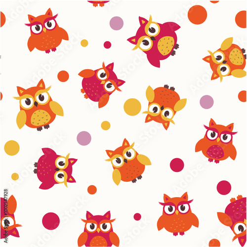 A playful pattern featuring colorful cartoon owls and circles on a light background, ideal for children's designs.