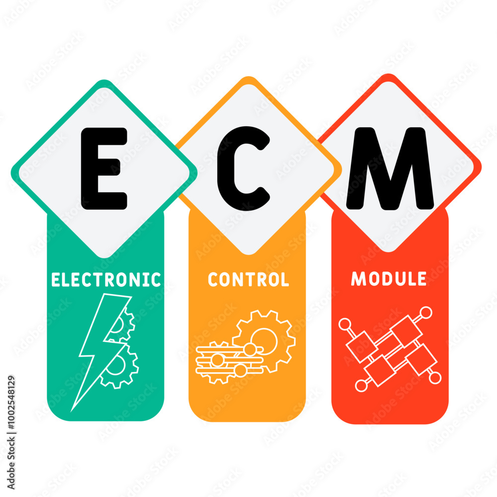 ECM - electronic control module acronym. business concept background. vector illustration concept with keywords and icons. lettering illustration with icons for web banner, flyer, landing ECM - electronic control module acronym. business concept background. vector illustration concept with keywords and icons. lettering illustration with icons for web banner, flyer, landing